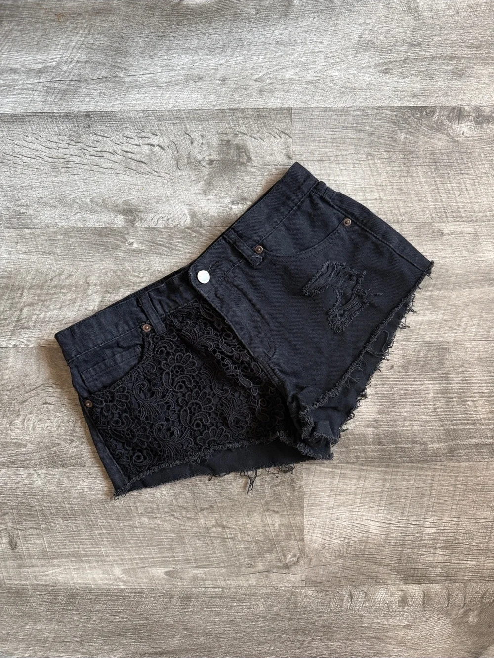 Forever 21 Black Lace-Panel Distressed Cutoff Shorts